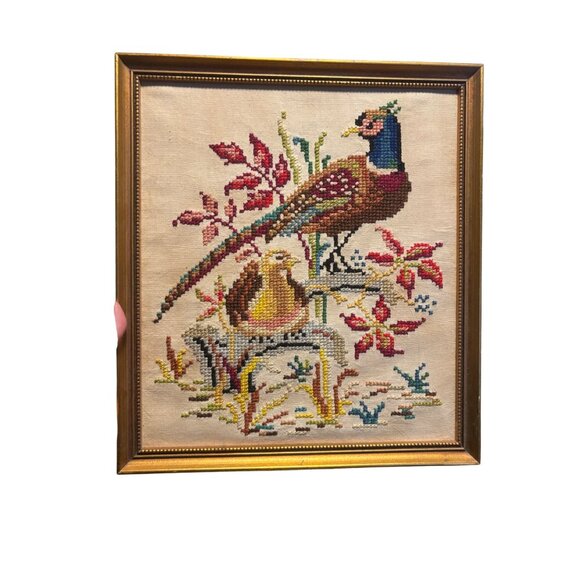 Vintage Framed Cross-Stitch Pheasant Floral Scene On Fabric Gold Ornate Frame - Picture 1 of 9